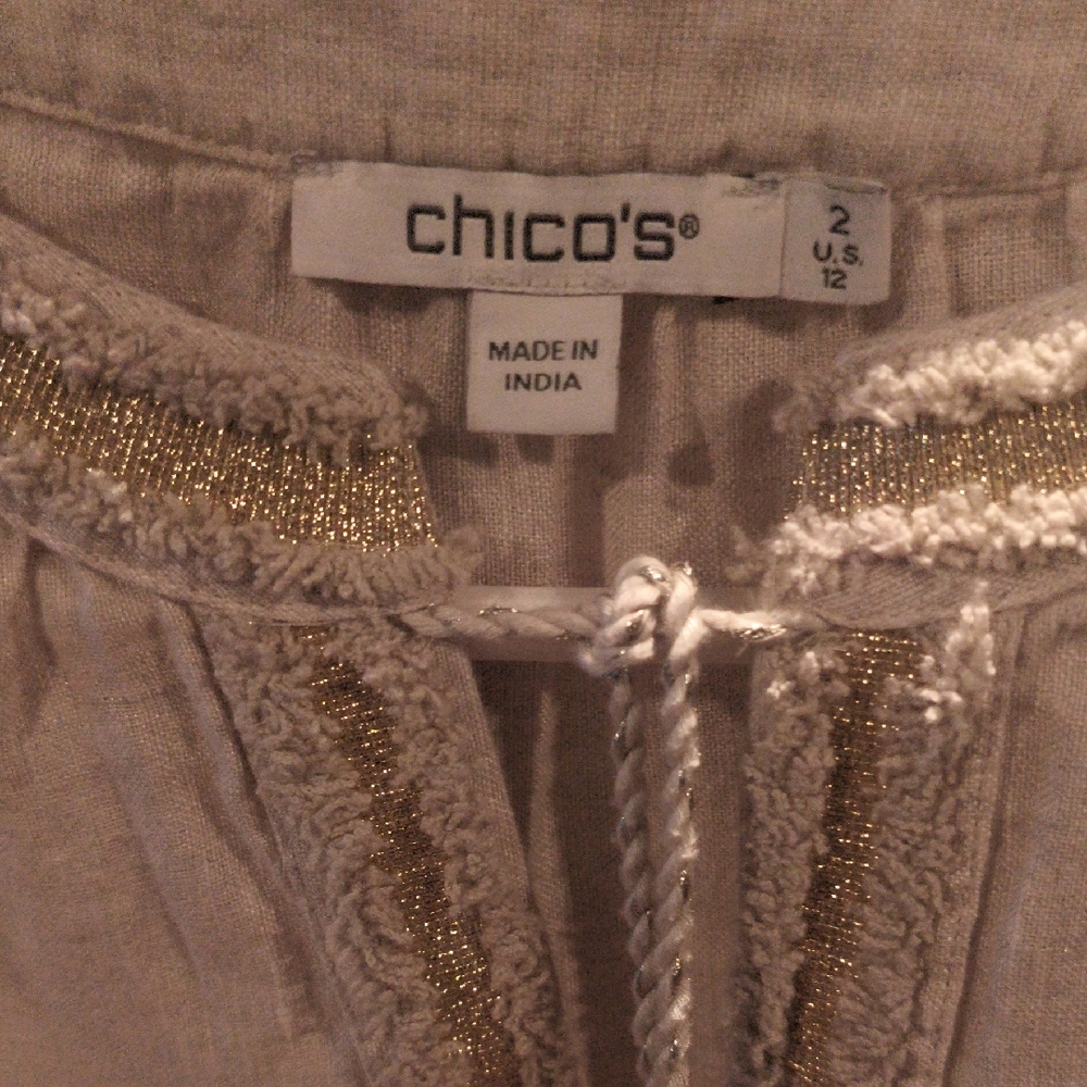 FINAL PRICE Chico's Beige & Gold Blouse w Floral Multicolored Embroidery 12